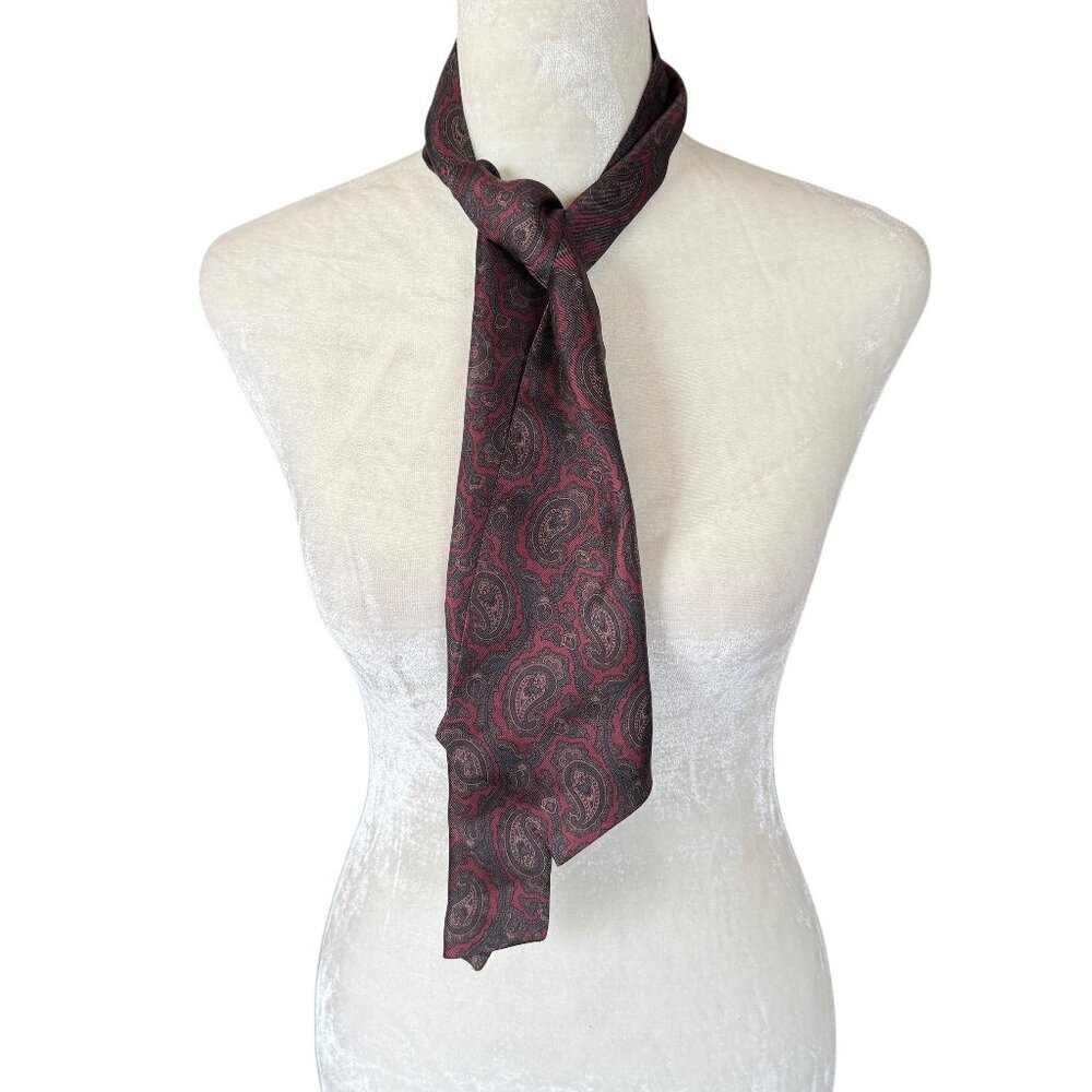 Women's burgundy paisley patterned silk scarf bow tie